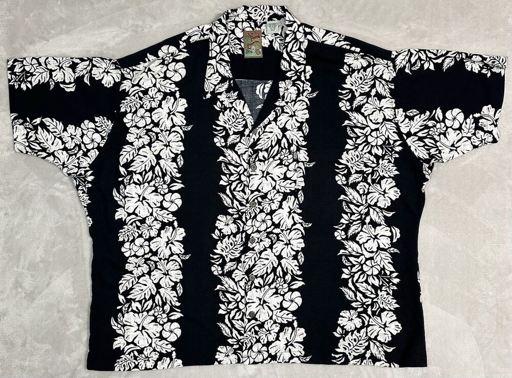 Vintage Pineapple Connection Men's 4XL Black White Floral Rayon Aloha Shirt
